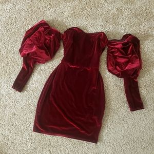 Puff sleeve velvet red mini dress